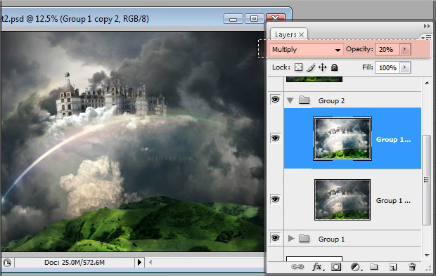 Castle in the Sky, castle in the clouds, dreamy landscape, mysterious, illustration, fantastic, rainbow effect in photoshop